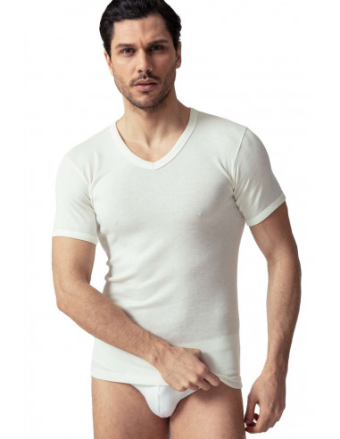 Men's V neck wool-cotton on the skin t-shirt Oltremare 840