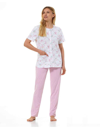 Pigiama donna manica corta aperto in jersey di cotone Linclalor 75094