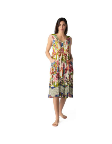 Woman dress with wide shoulder and buttons in patterned viscose Marila KF392