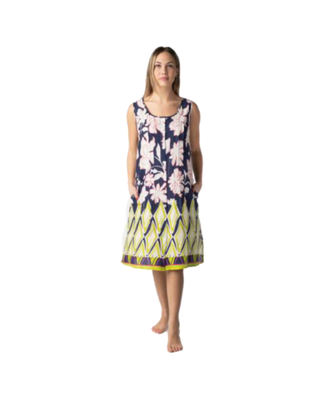 Woman dress sleeveless in patterned viscose and linen Marila MAR12