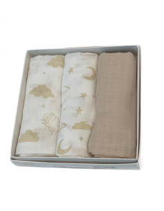 SQUARE GAUZE MUSLINS FOR NEWBORNS AND CHILDREN SET OF 3 PADDLES IX4017