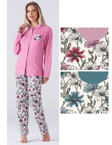 Women's warm cotton jersey OPENED pajamas with collar Karelpiu' KY7032