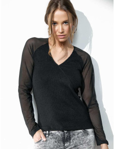 Woman ribbed viscose and tulle long sleeves under jacket Jadea 4655