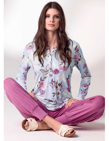 Pigiama donna a manica lunga in viscosa stampata Lormar Printemps PRI652565