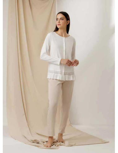Pigiama donna aperto in jersey di cotone con pizzo Andra 9722