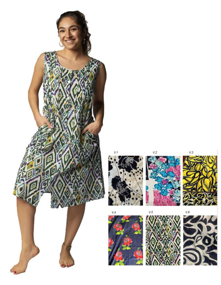 Woman dress sleeveless in patterned viscose and linen Marila MAR12