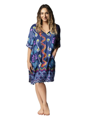 Short summer dress with long sleeves in Marila patterned imitation silk art. Paola Short