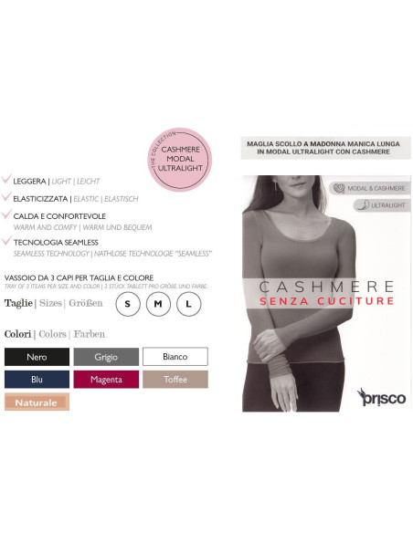 Maglia donna a manica lunga in cashmere ultralight Prisco Cash Dama