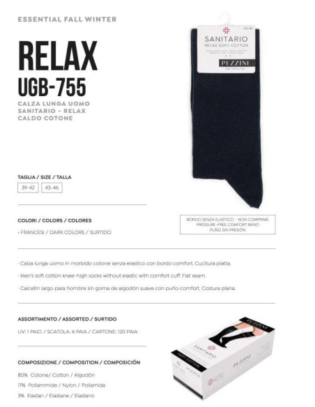 Gruppo 6 calzettoni lunghi uomo bordo comfort in caldo cotone Pezzini UGB-755 RELAX