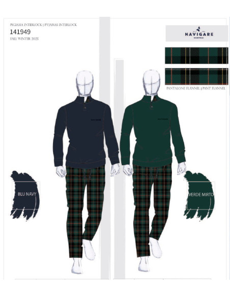 Men's warm cotton jersey and flannel tissue pajamas Navigare 141949