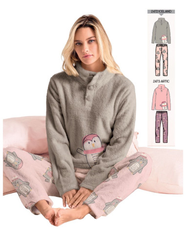 Women's warm coral pile pajamas Infiore Penguins PNG653014