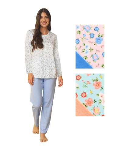 Pigiama donna aperto a manica lunga in jersey di cotone Linclalor 75410