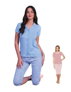 Women's half sleeves opened cotton jersey pajamas Oro Nero ODC667