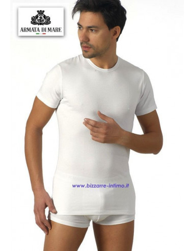 Round neck elastic cotton men's t-shirt with printed logo rear.